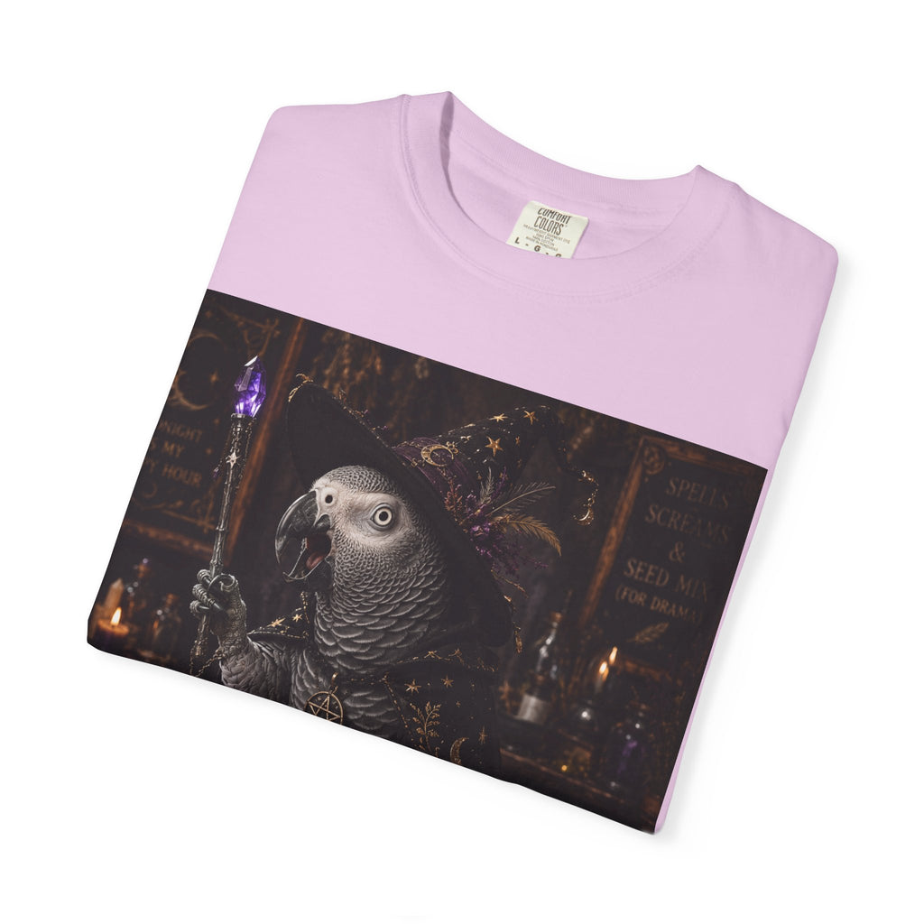 Witch Parrot T-Shirt — "Primordial Witch" Graphic Tee with "I've Got Room for Birds and Brooms" Back