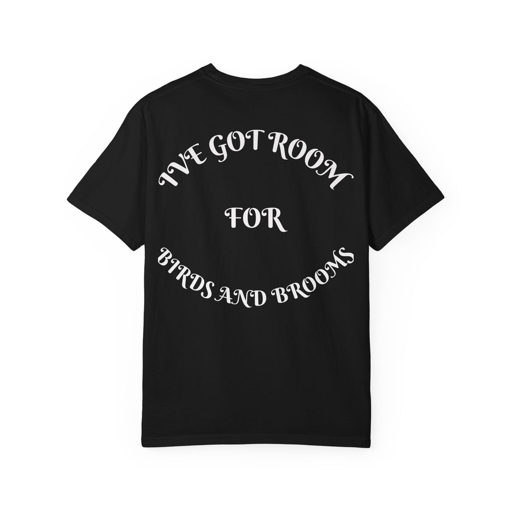 Witch Parrot T-Shirt — "Primordial Witch" Graphic Tee with "I've Got Room for Birds and Brooms" Back
