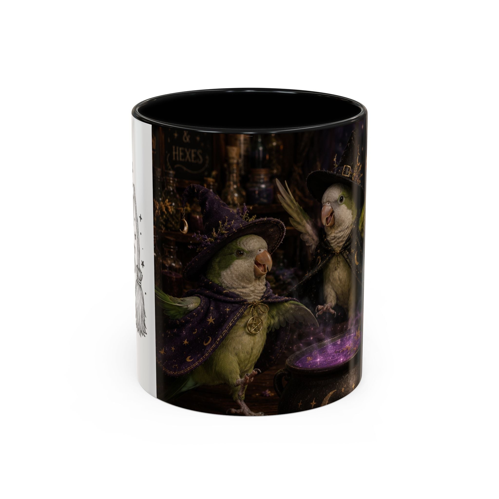 Witchy Parrot Coffee Mug — Cute Wizard Parakeet Magic Cauldron Accent Mug (11/15oz)
