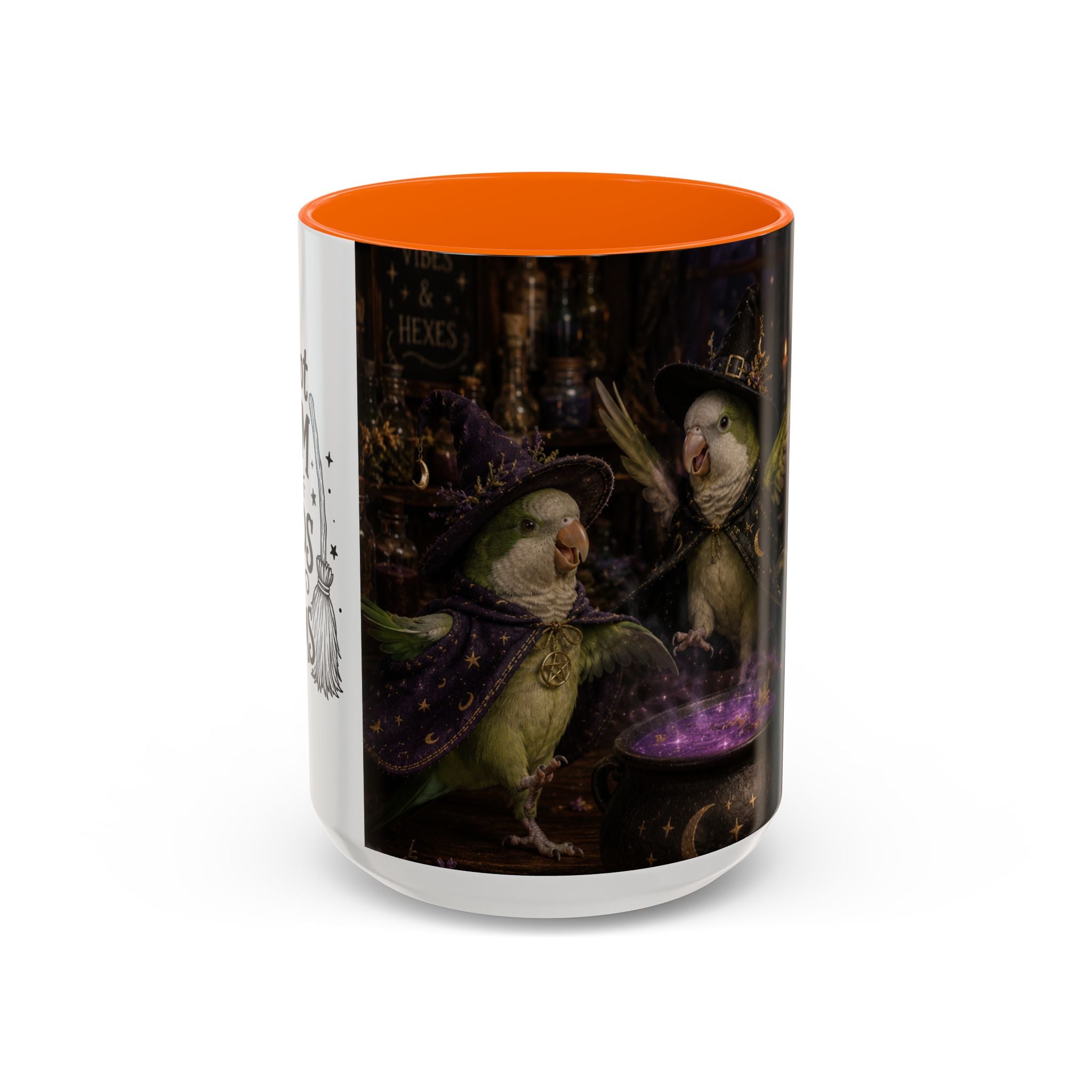 Witchy Parrot Coffee Mug — Cute Wizard Parakeet Magic Cauldron Accent Mug (11/15oz)