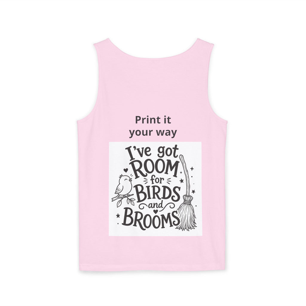 Wizard Flamingo Tank Top — "I’ve Got Room for Birds and Brooms" Graphic