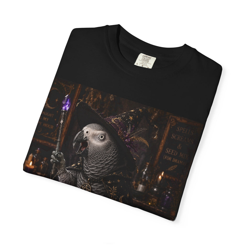 Witch Parrot T-Shirt — "Primordial Witch" Graphic Tee with "I've Got Room for Birds and Brooms" Back